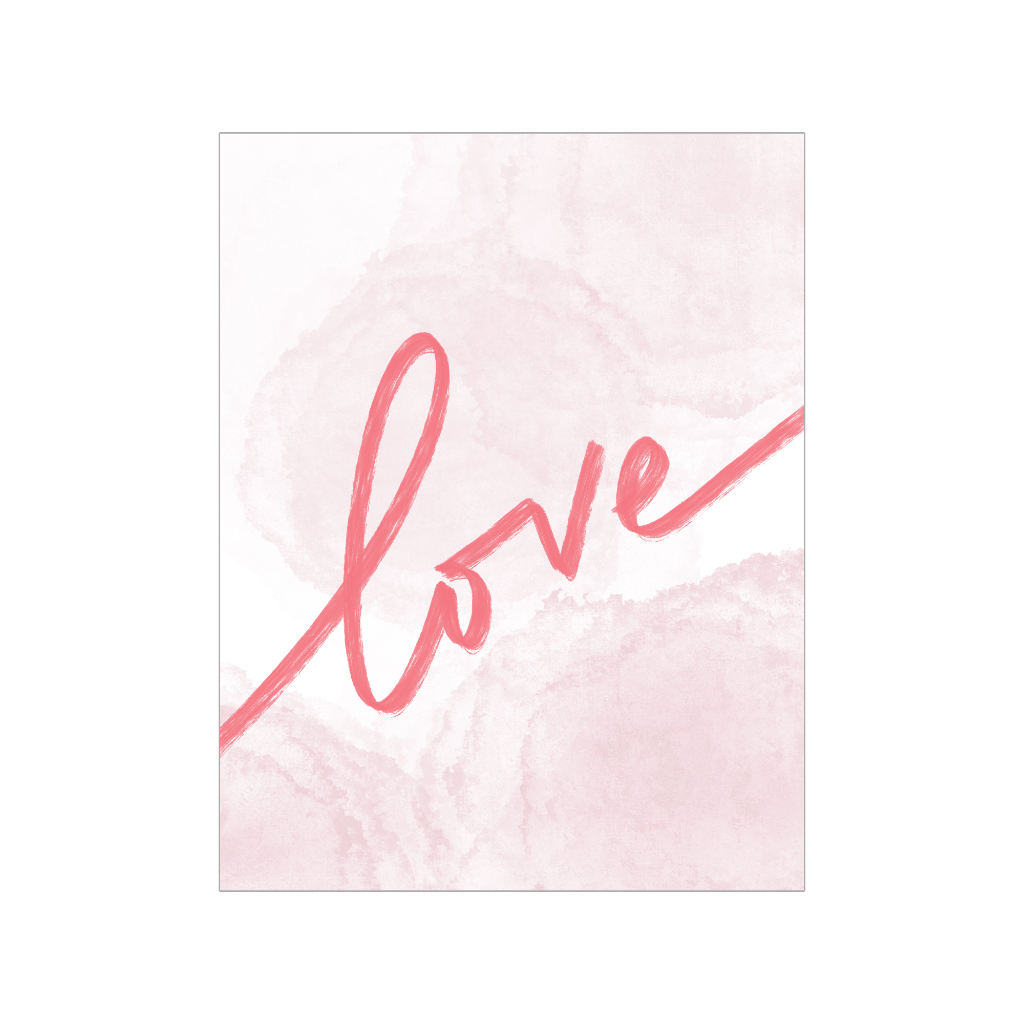 Greeting card; white and coral watercolour background with coral handwritten text, "love"